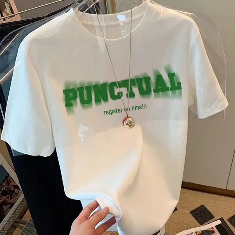 Summer new 2024 Summer shoulder short-sleeved T-shirt men and women versatile slimming white letter loose top ins fashion
