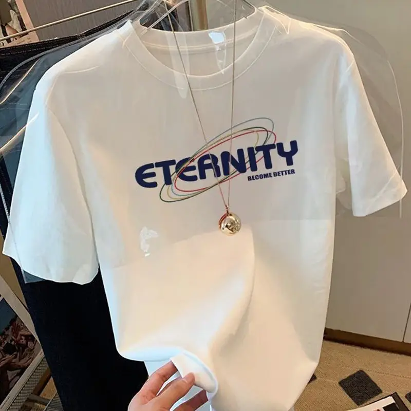 Summer new 2024 Summer shoulder short-sleeved T-shirt men and women versatile slimming white letter loose top ins fashion