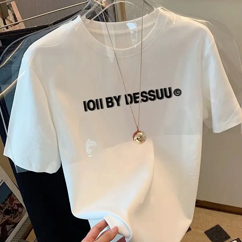 Summer new 2024 Summer shoulder short-sleeved T-shirt men and women versatile slimming white letter loose top ins fashion