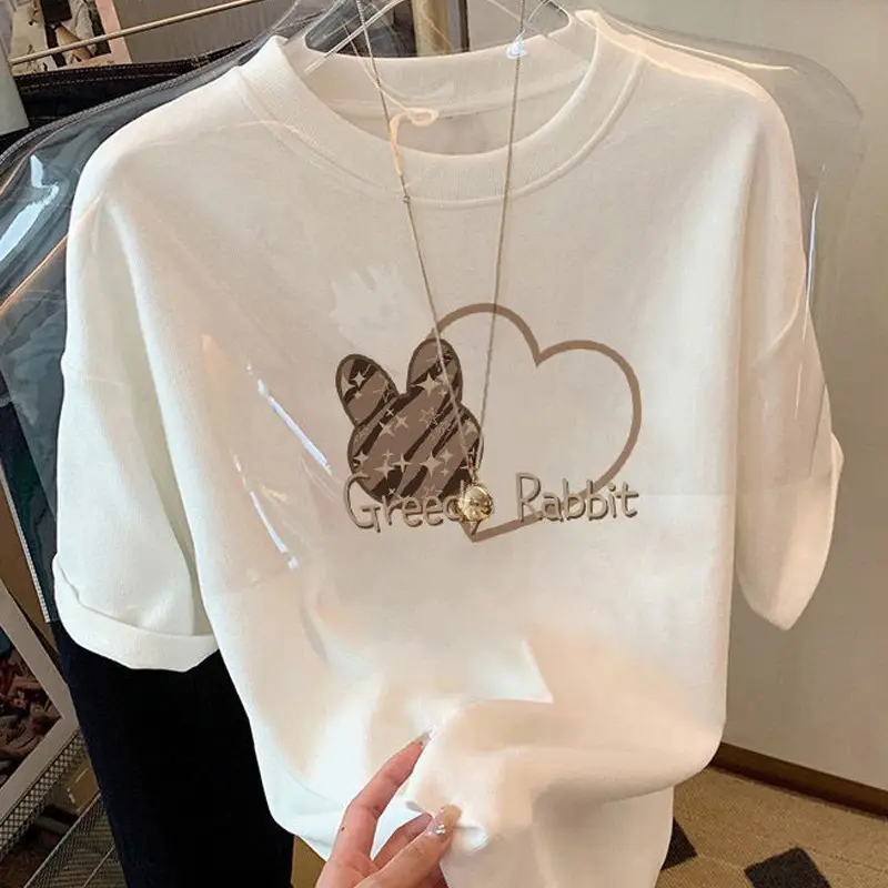 Summer new 2024 Summer shoulder short-sleeved T-shirt men and women versatile slimming white letter loose top ins fashion