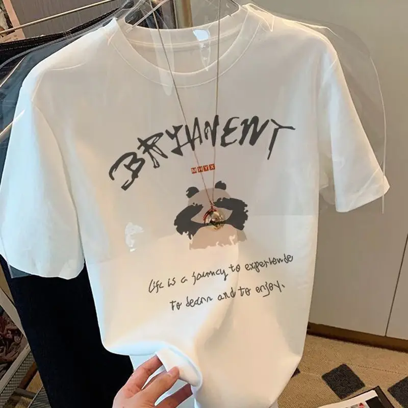 Summer new 2024 Summer shoulder short-sleeved T-shirt men and women versatile slimming white letter loose top ins fashion