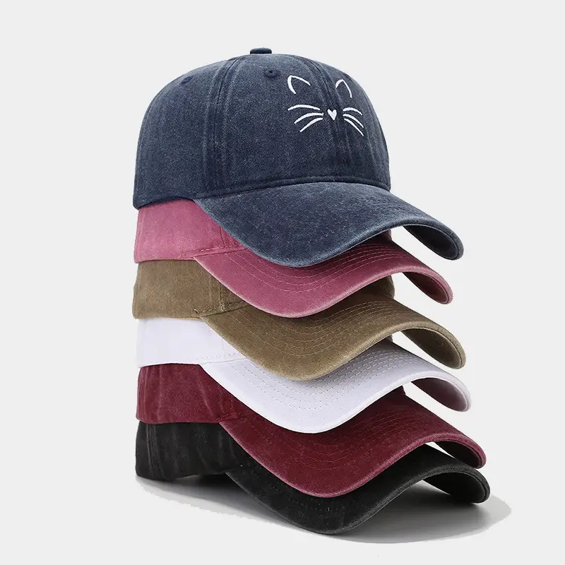 Women Cat Embroidered Caps, Black Brown White - Image 14