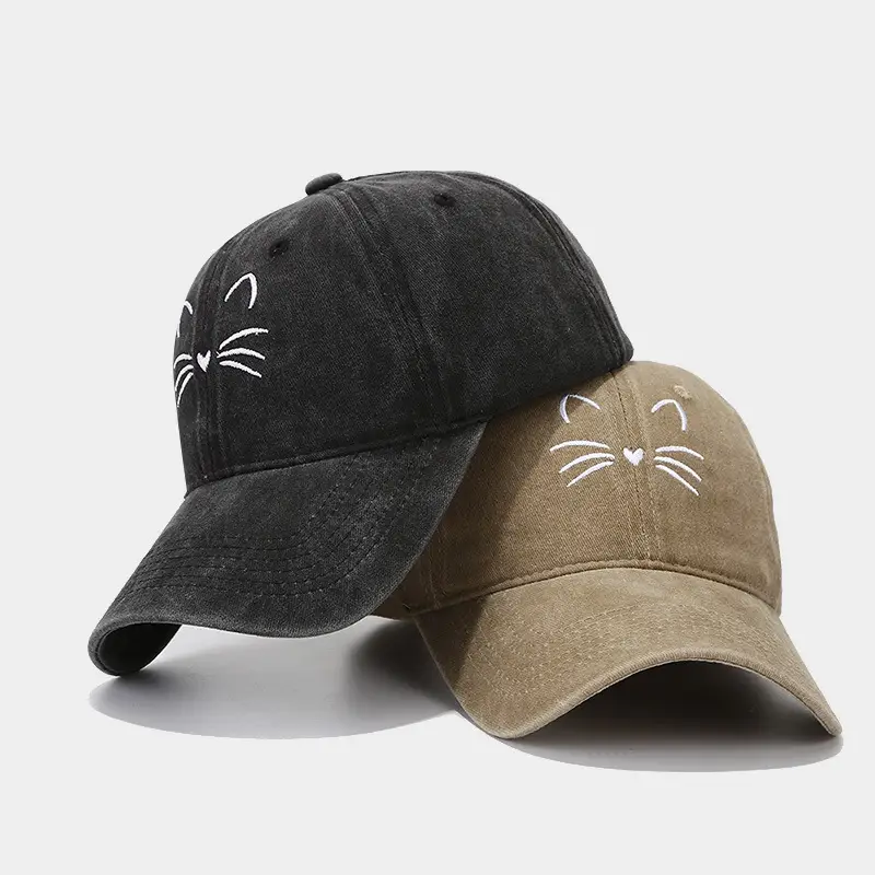 Women Cat Embroidered Caps, Black Brown White - Image 15