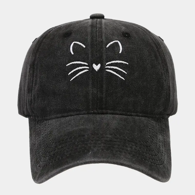 Women Cat Embroidered Caps, Black Brown White - Image 7