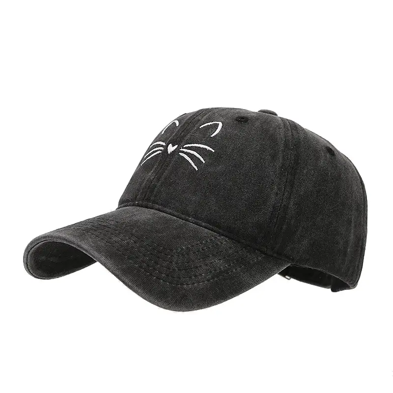 Women Cat Embroidered Caps, Black Brown White - Image 16