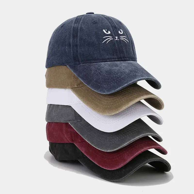 Women Cat Embroidered Caps, Black Brown White — feature 1