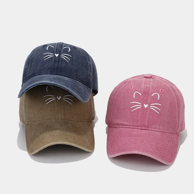Women Cat Embroidered Caps, Black Brown White — feature 12