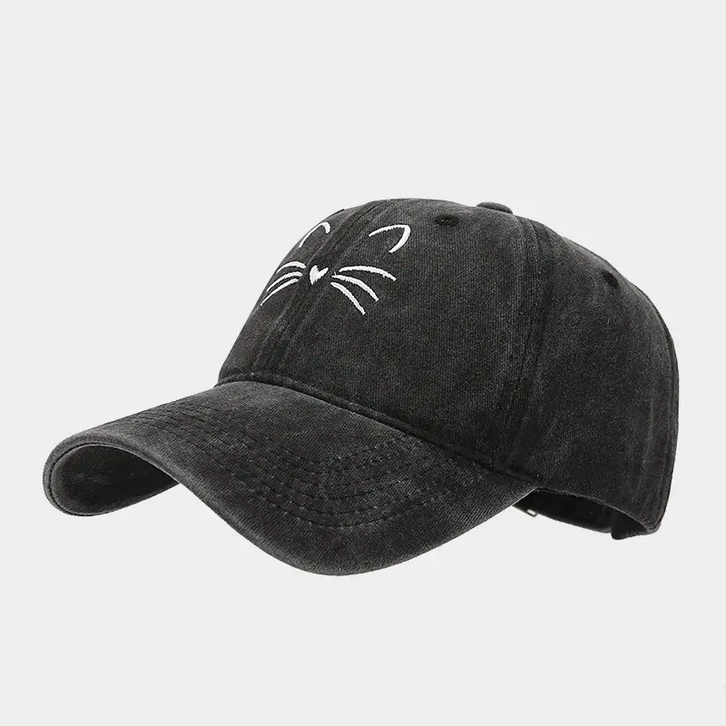 Women Cat Embroidered Caps, Black Brown White — feature 15