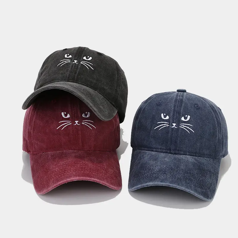 Women Cat Embroidered Caps, Black Brown White — feature 2
