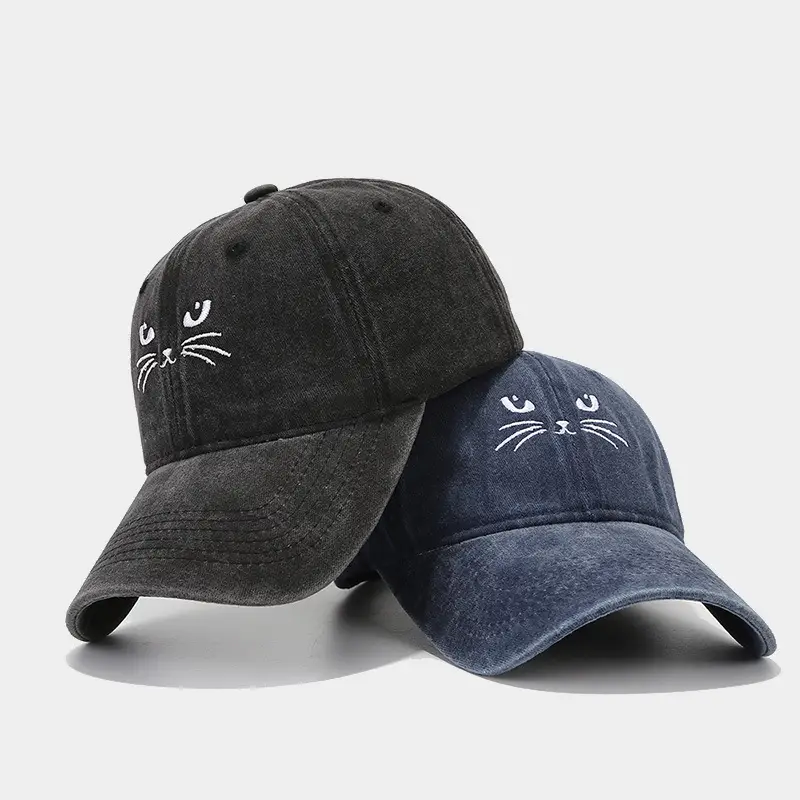 Women Cat Embroidered Caps, Black Brown White — feature 3