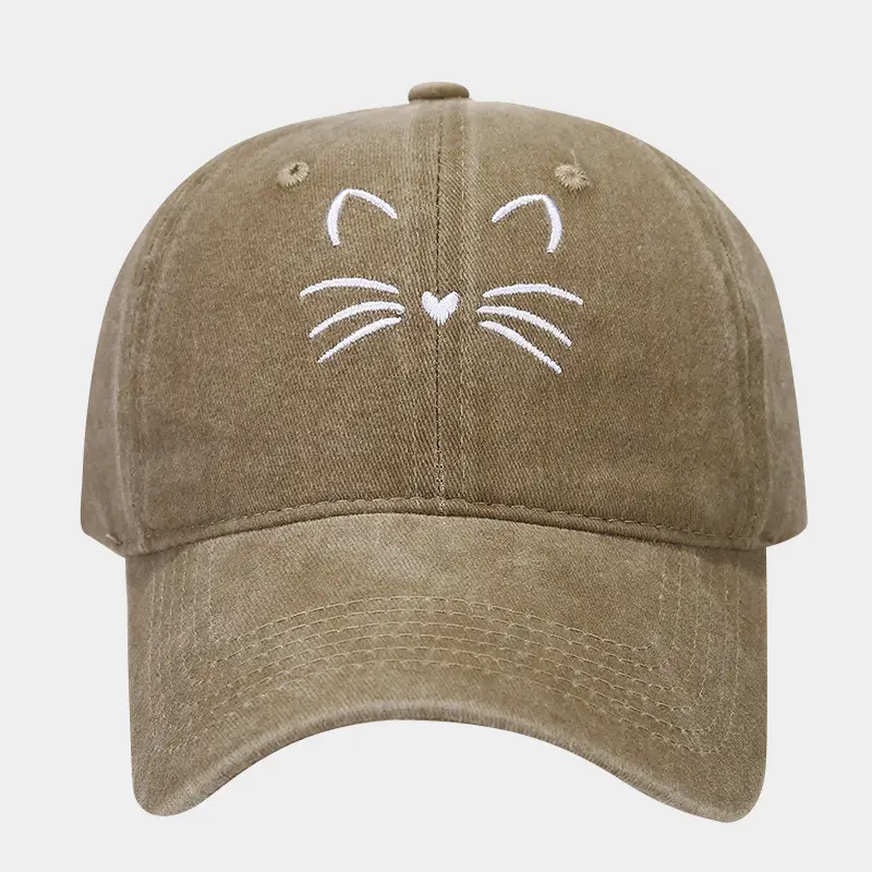 Women Cat Embroidered Caps, Black Brown White - Image 11