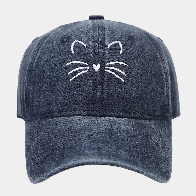 Women Cat Embroidered Caps, Black Brown White - Image 12
