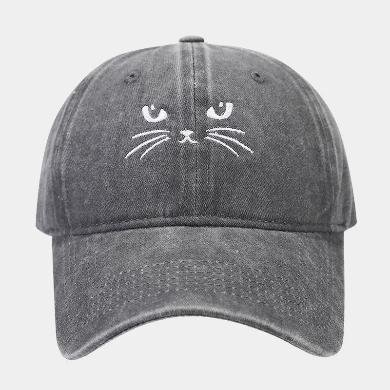 Women Cat Embroidered Caps, Black Brown White - Image 3