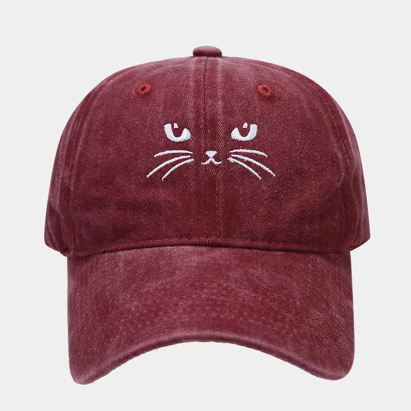 Women Cat Embroidered Caps, Black Brown White - Image 4