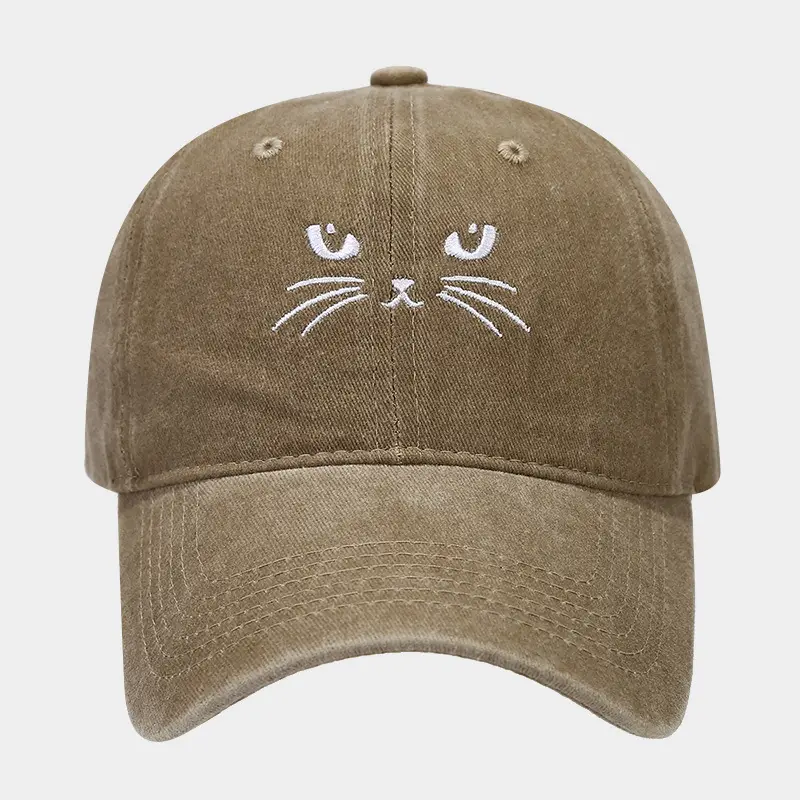 Women Cat Embroidered Caps, Black Brown White - Image 5