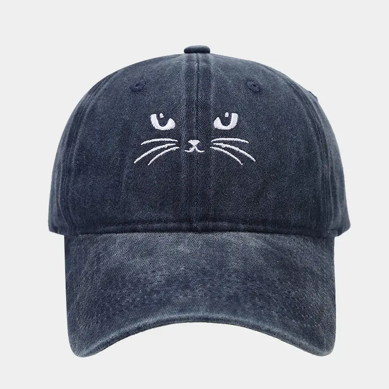 Women Cat Embroidered Caps, Black Brown White - Image 6