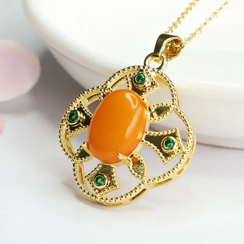 Guan Yu Amber Pendant Necklace with Green Stones