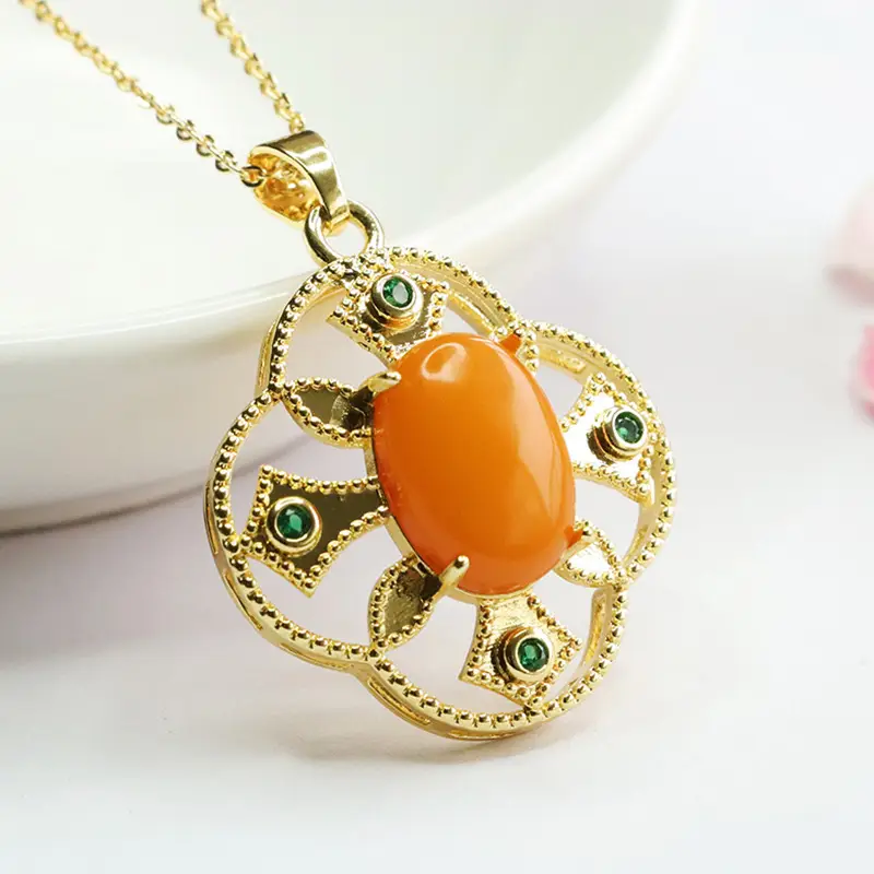 Guan Yu Amber Pendant Necklace with Green Stones