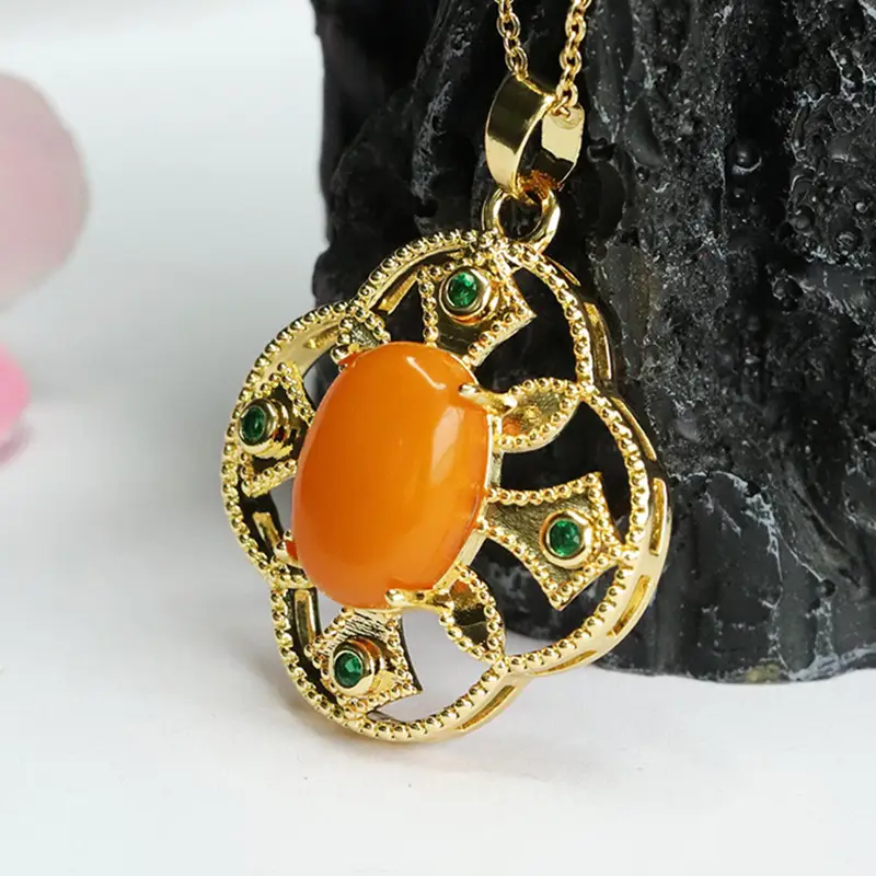 Guan Yu Amber Pendant Necklace with Green Stones