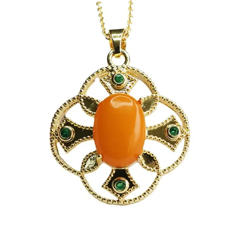 Guan Yu Amber Pendant Necklace with Green Stones