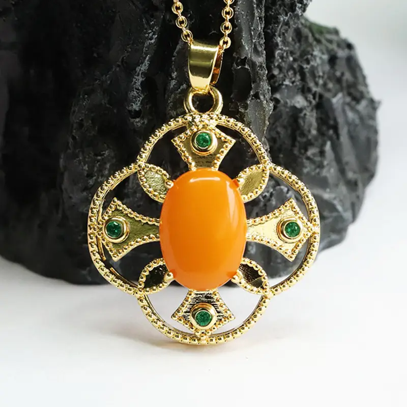 Guan Yu Amber Pendant Necklace with Green Stones — feature 7