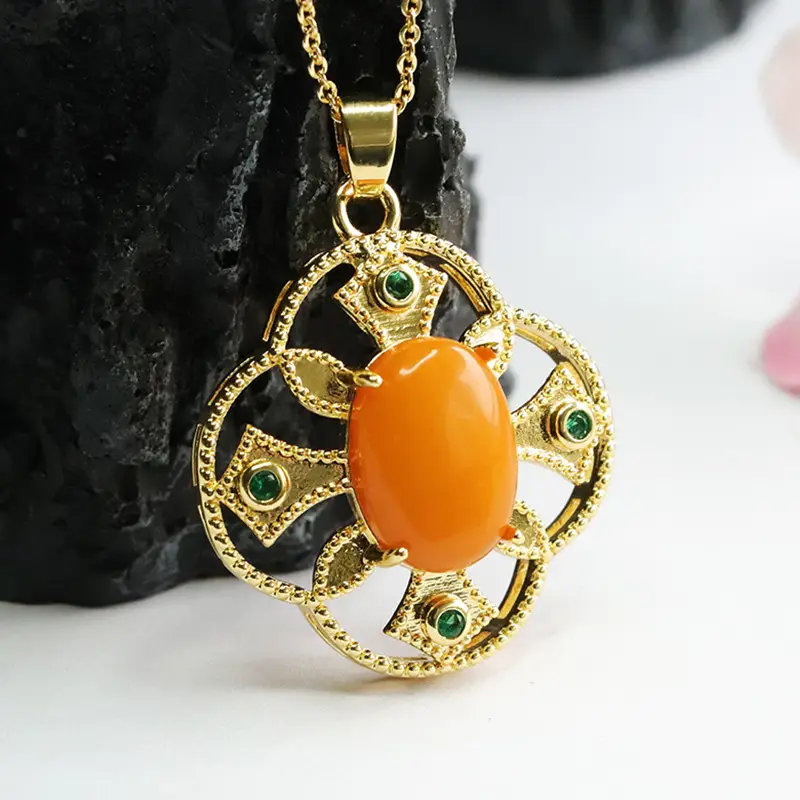 Guan Yu Amber Pendant Necklace with Green Stones — feature 9