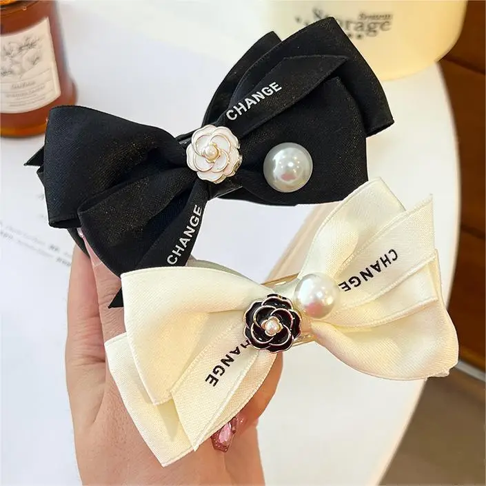 French Camellia Hairpin Black White Pearl Bow Updo