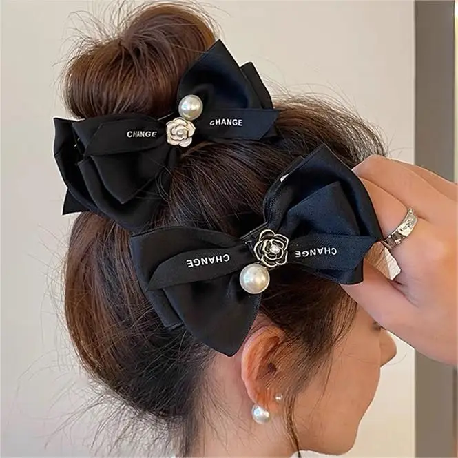 French Camellia Hairpin Black White Pearl Bow Updo