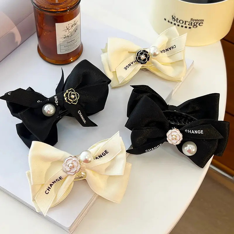 French Camellia Hairpin Black White Pearl Bow Updo