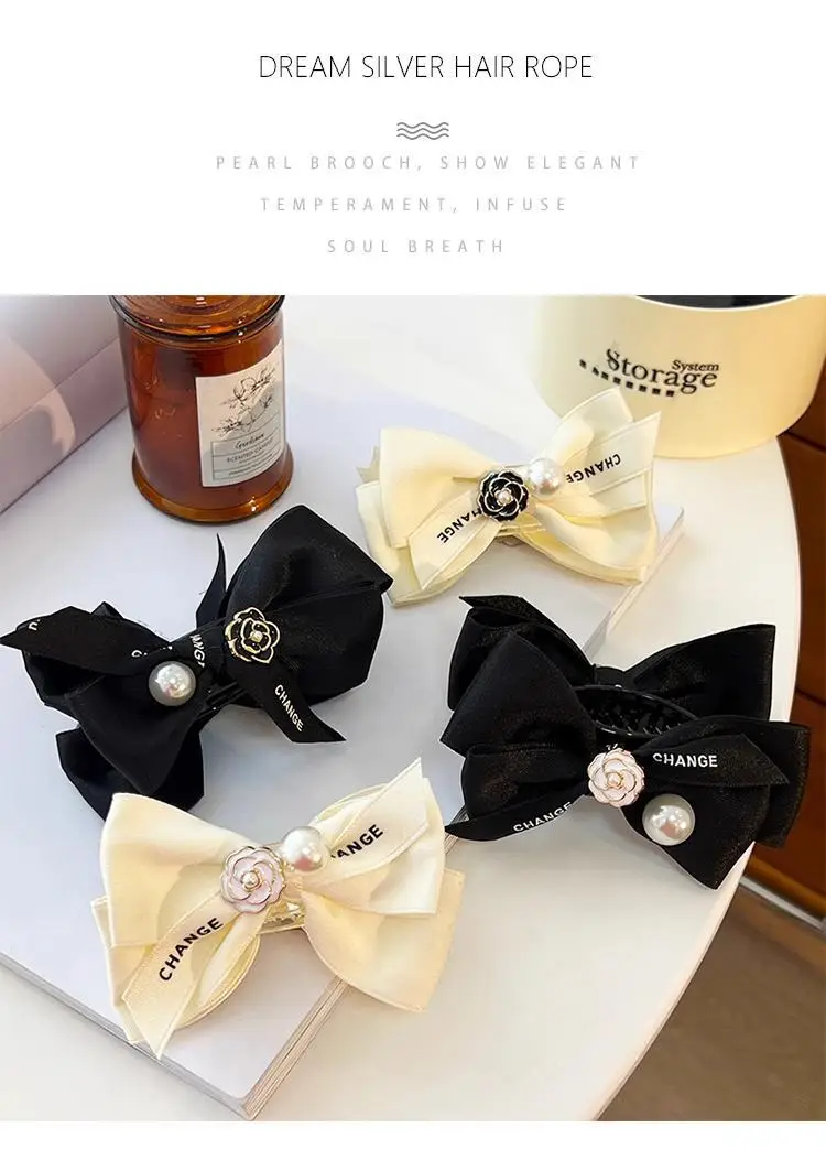 French Camellia Hairpin Black White Pearl Bow Updo — feature 2