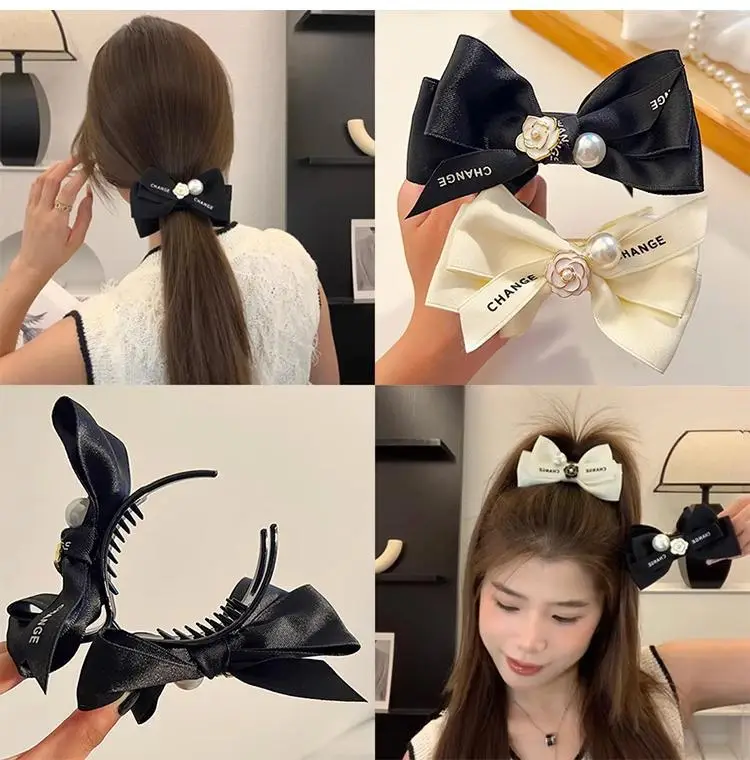 French Camellia Hairpin Black White Pearl Bow Updo — feature 6