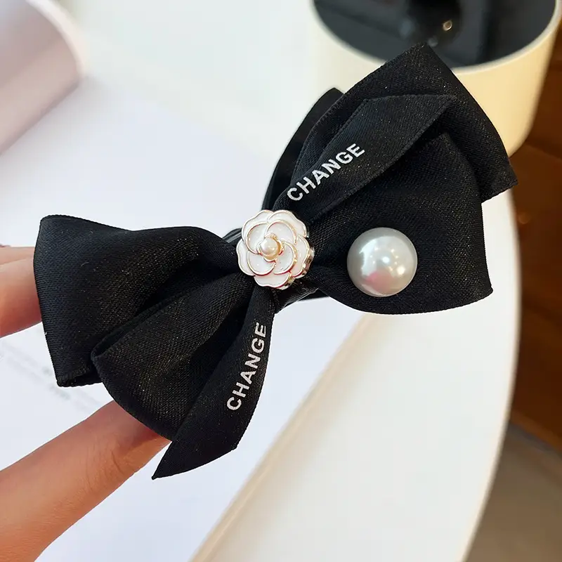 French Camellia Hairpin Black White Pearl Bow Updo