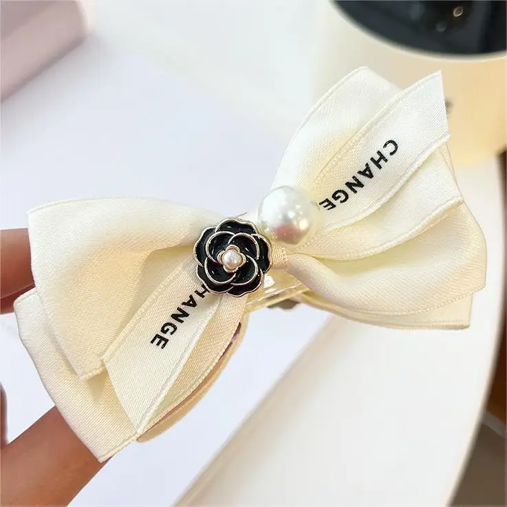 French Camellia Hairpin Black White Pearl Bow Updo