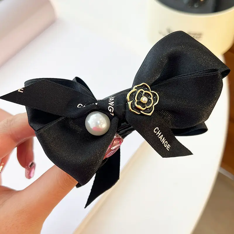 French Camellia Hairpin Black White Pearl Bow Updo