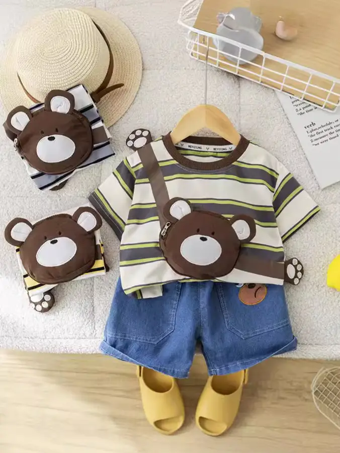 Girls Cotton Striped Shorts Bear Bag Suit 1-5Y