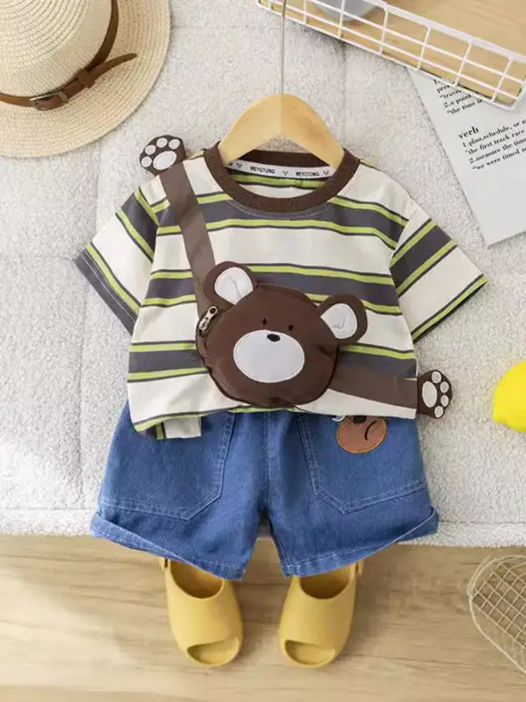 Girls Cotton Striped Shorts Bear Bag Suit 1-5Y
