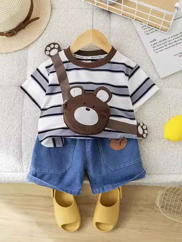 Girls Cotton Striped Shorts Bear Bag Suit 1-5Y