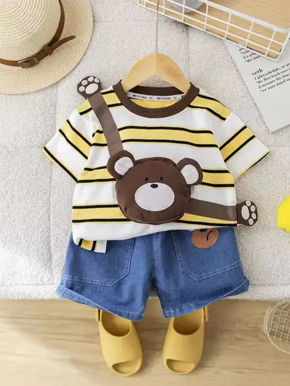 Girls Cotton Striped Shorts Bear Bag Suit 1-5Y