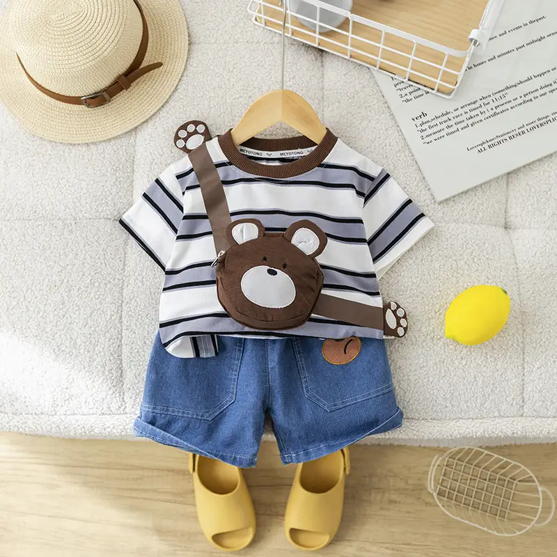 Girls Cotton Striped Shorts Bear Bag Suit 1-5Y