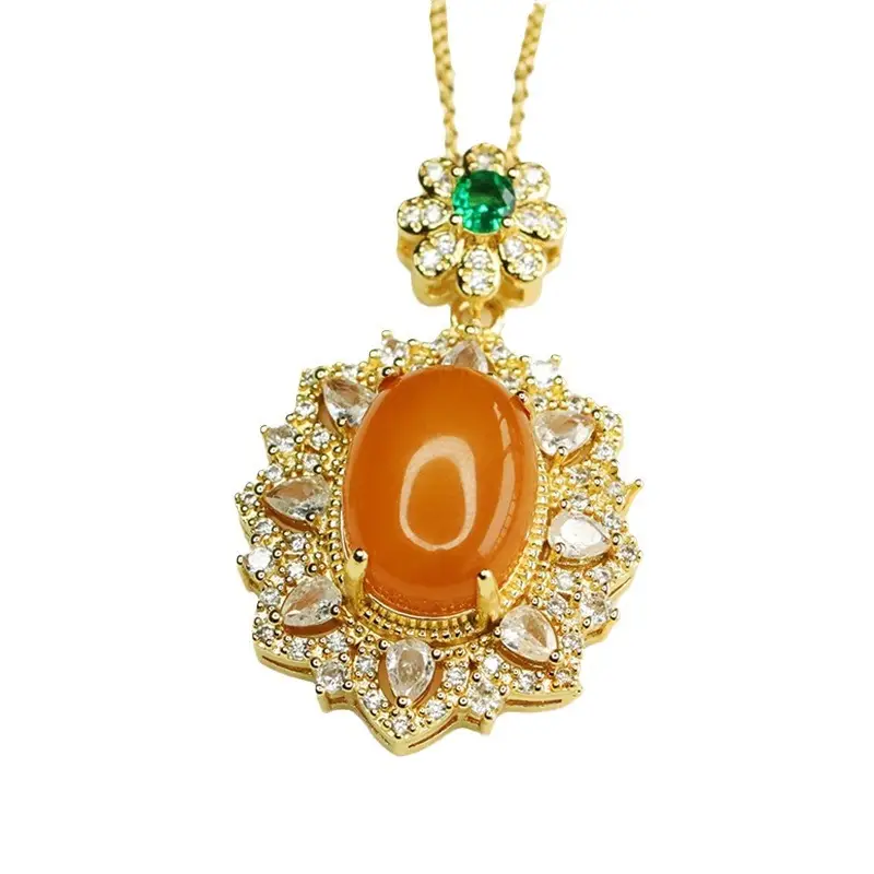 Aiyu Natural Amber Pendant Necklace with Full Wax Finish