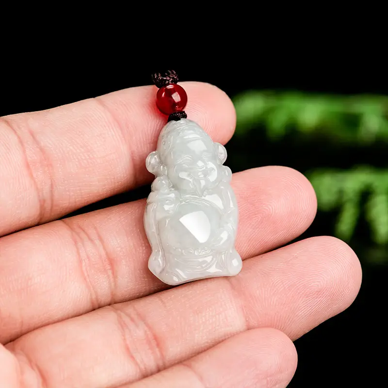Natural Burma Jade God of Wealth Pendant Light Green - Image 3