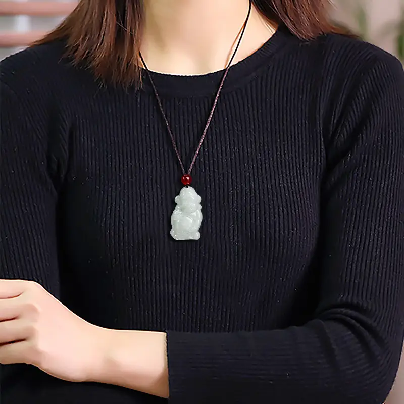 Natural Burma Jade God of Wealth Pendant Light Green - Image 4