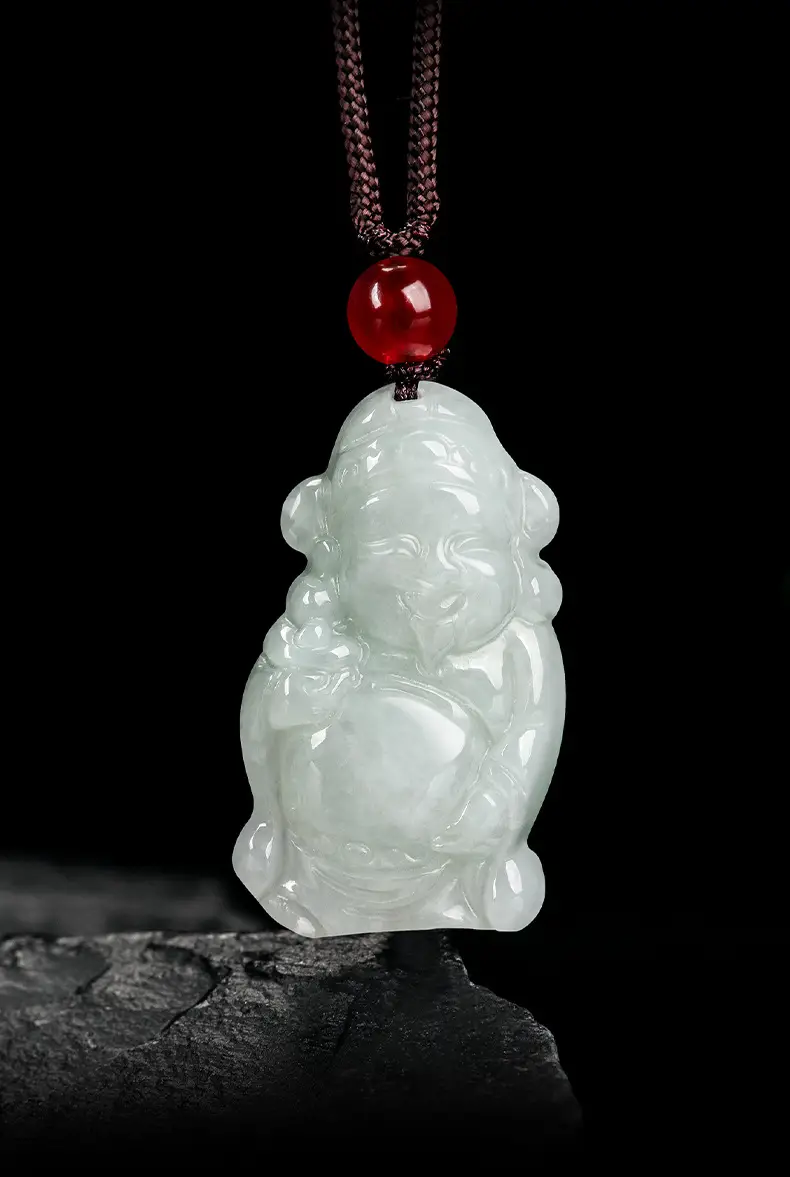 Natural Burma Jade God of Wealth Pendant Light Green — feature 2