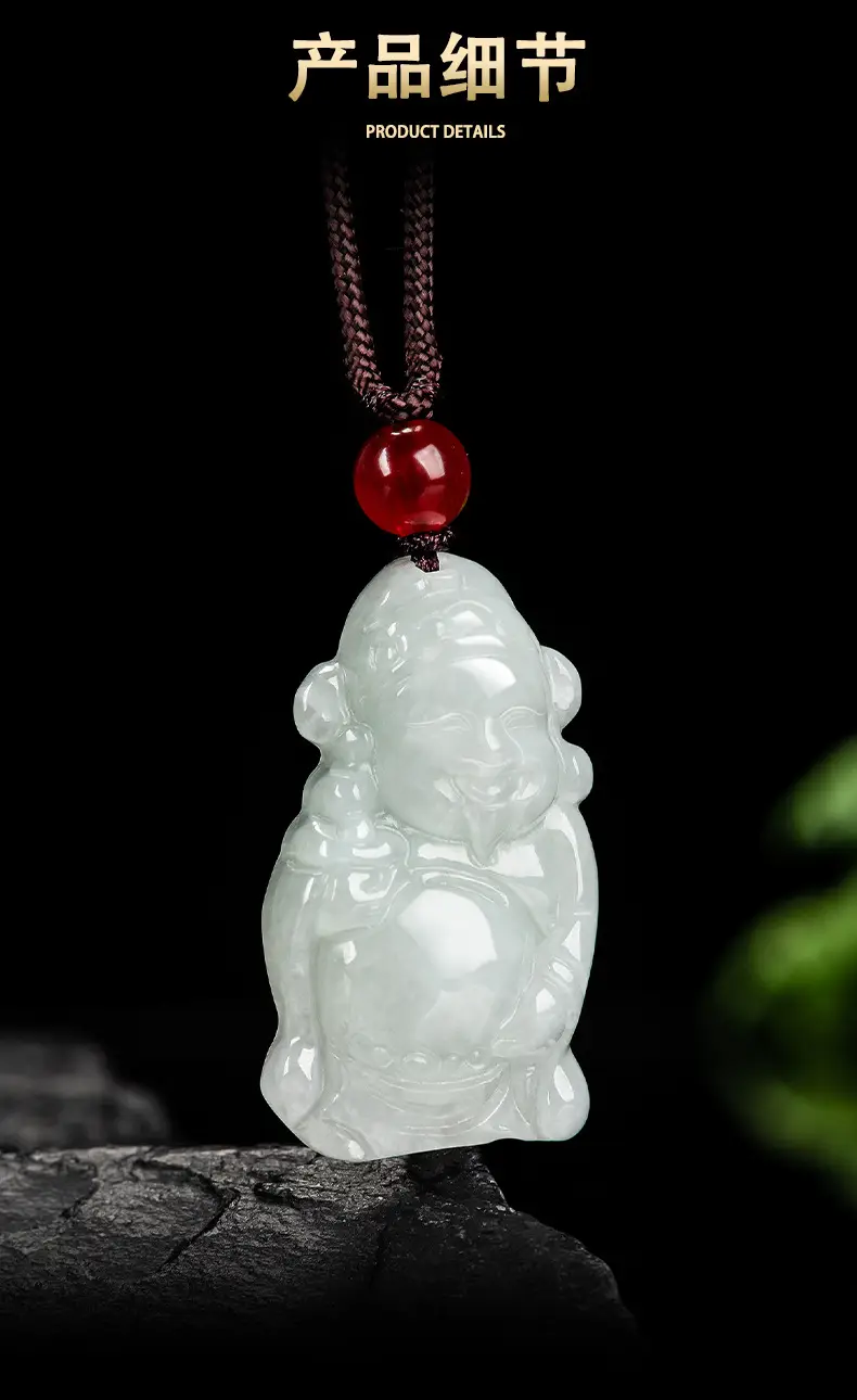 Natural Burma Jade God of Wealth Pendant Light Green — feature 9