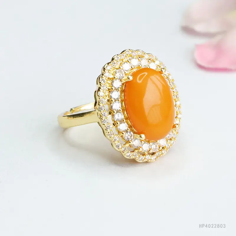 Natural Amber Ring with Crystal Border for Women - Image 3