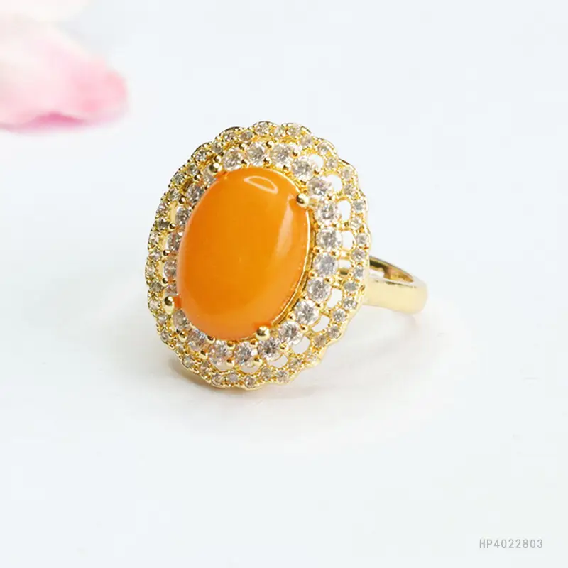 Natural Amber Ring with Crystal Border for Women - Image 4