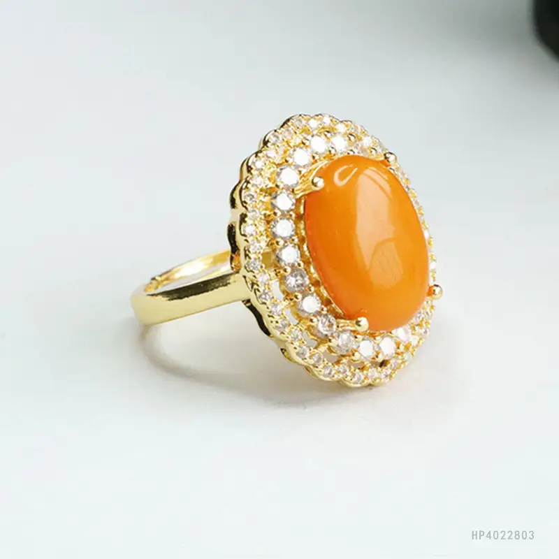 Natural Amber Ring with Crystal Border for Women - Image 5