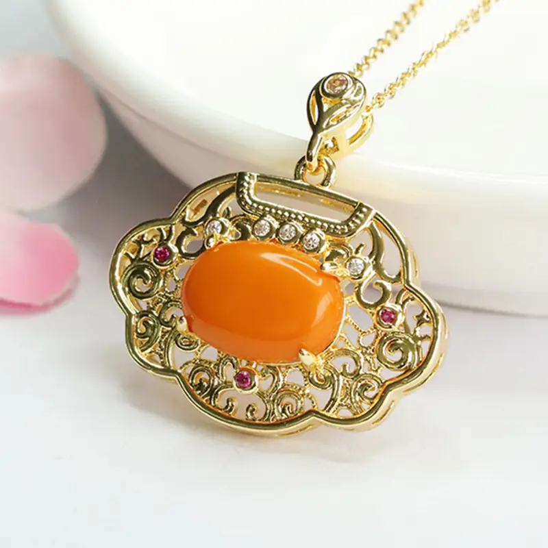 Guan Yu Amber Pendant Necklace Vintage Gold - Image 3