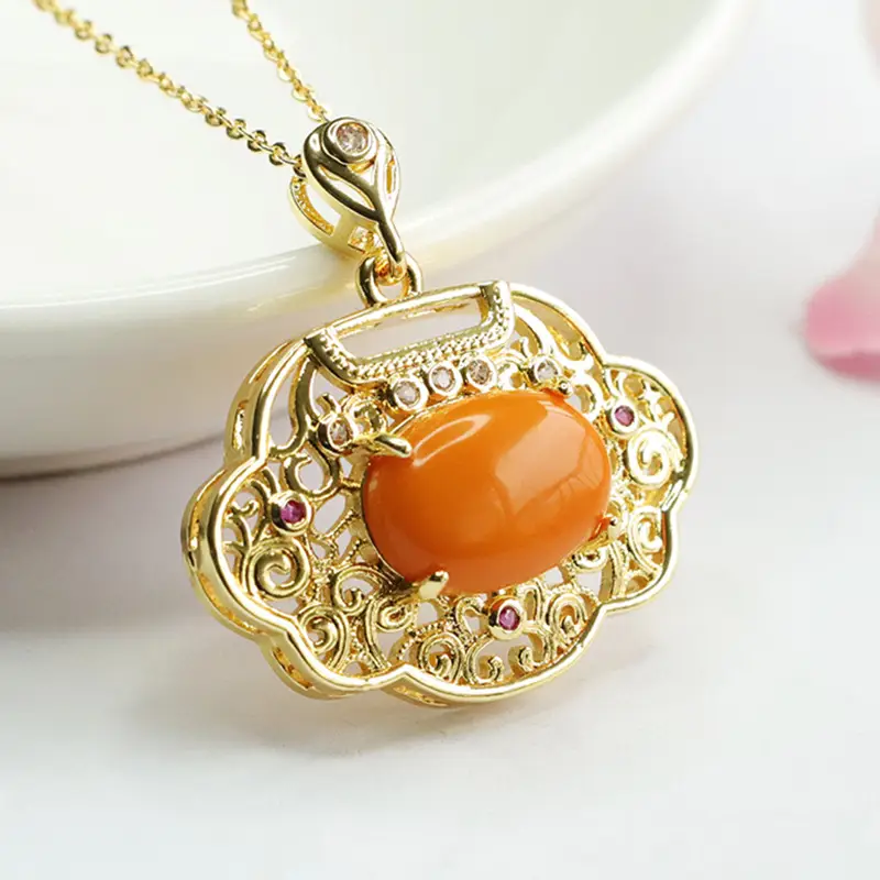 Guan Yu Amber Pendant Necklace Vintage Gold - Image 4