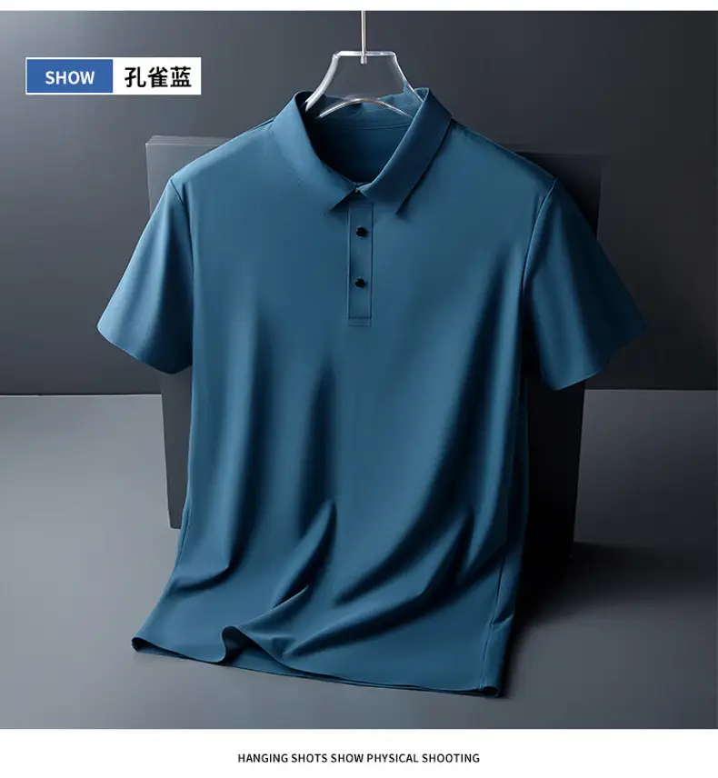 Men Blue Ice Silk Polo T-Shirt Short Sleeve - Image 7